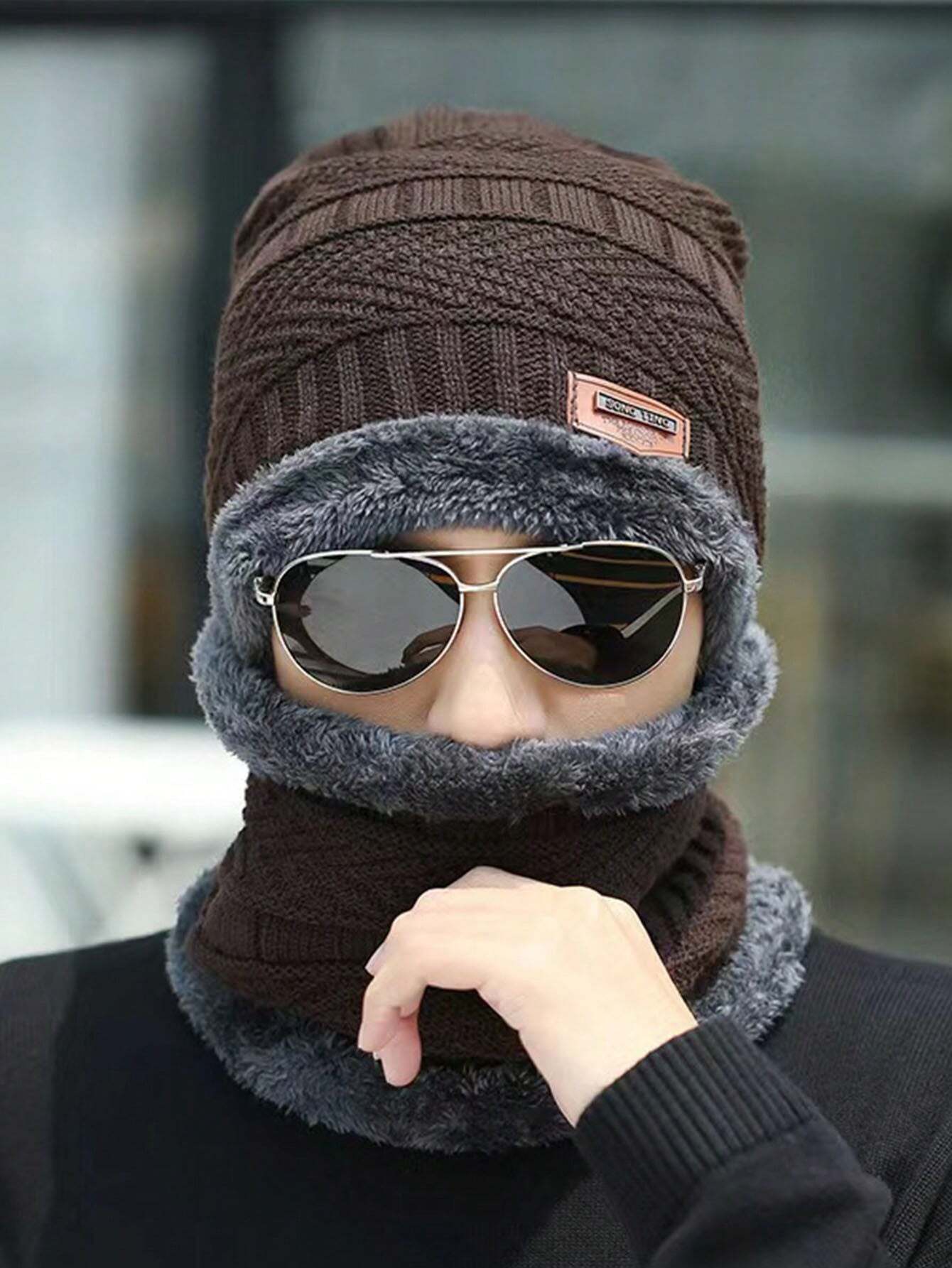Head &amp; Neck Cap Beanies Combo - woolen winter beanie cap with neck warmer muffler for men and women - gray