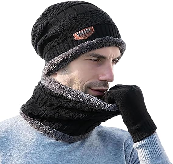 Head &amp; Neck Cap Beanies Combo - woolen winter beanie cap with neck warmer muffler for men and women (Black)