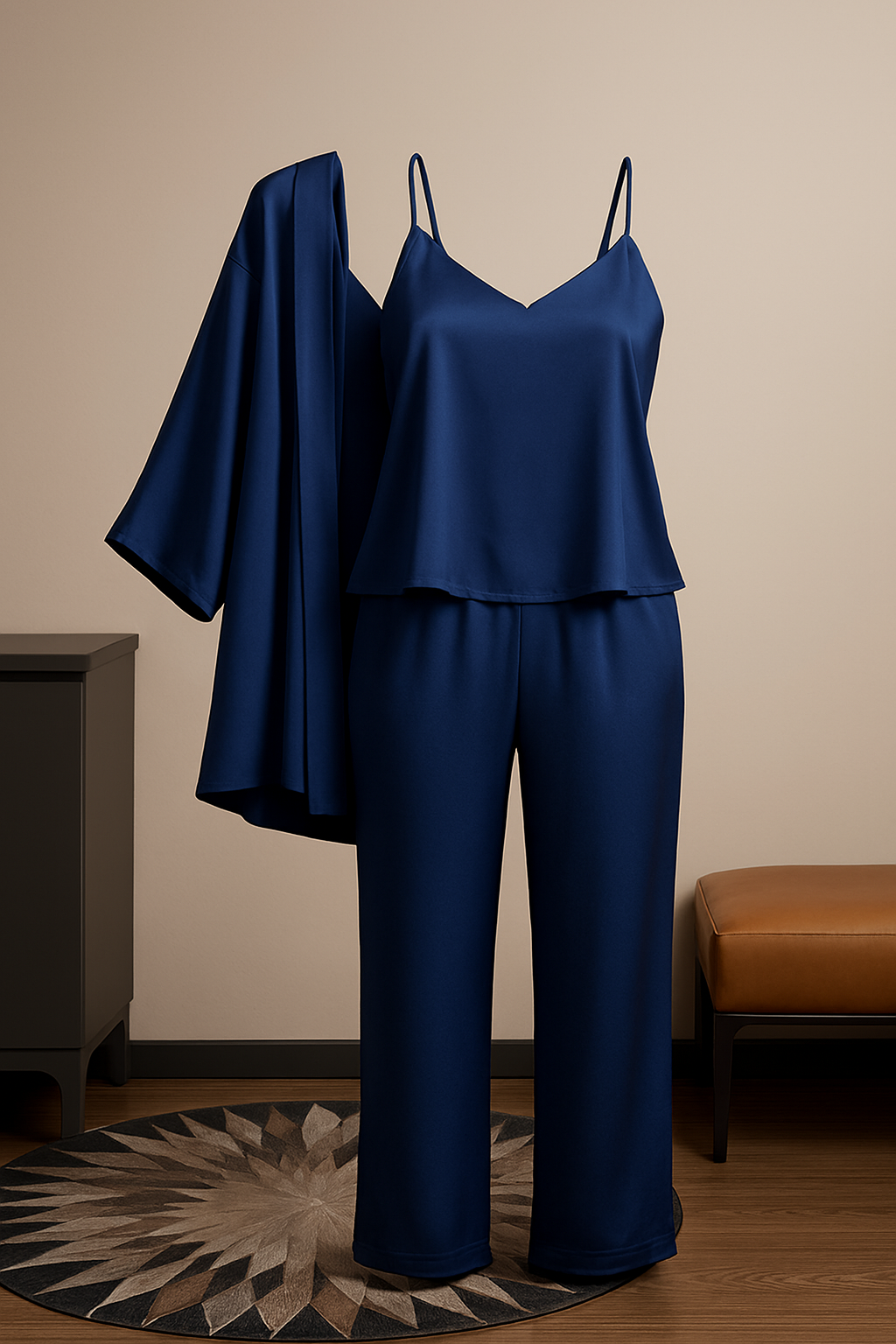 3-Piece Premium Satin Sleepwear Set for Women – Camisole, Pants & Robe | Nightwear & Loungewear | Free Size (Blue)