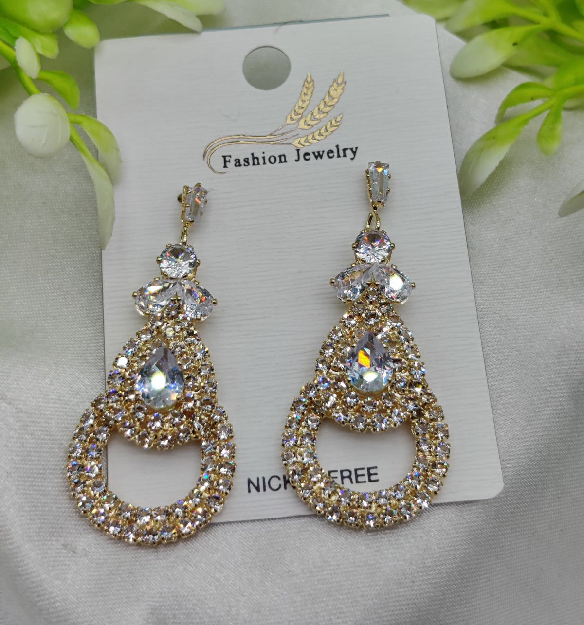 Imported Glamorous Crystal-Studded Teardrop Earrings – Nickel Free Earrings - Luxurious Gold Finish | Best Quality Artificial Earrings For Girls &amp; Women