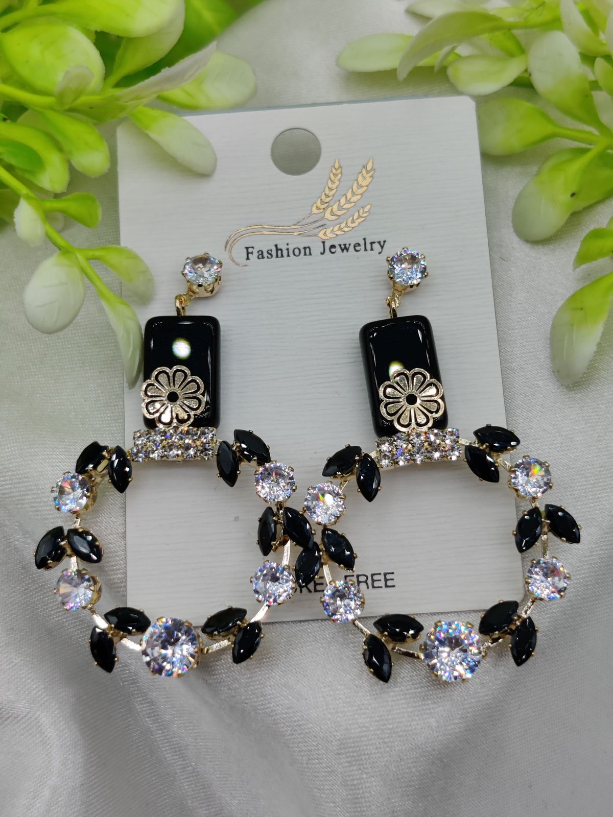 Imported Elegant Floral Hoop Earrings with Black and Crystal Accents | Best Quality Earrings For Girls &amp; Women | Luxury Look Earrings
