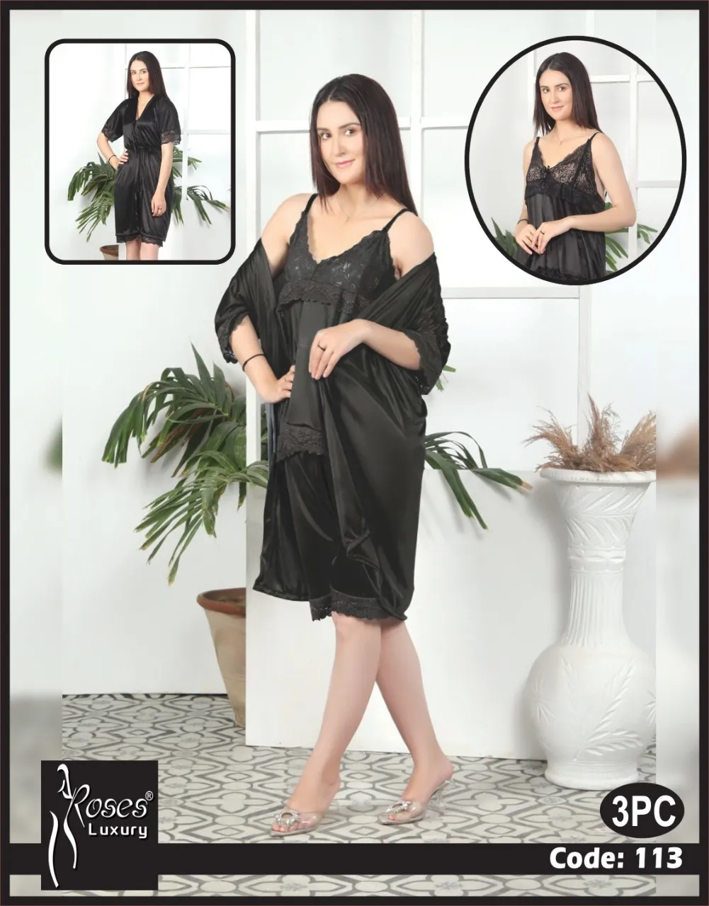 3 Piece Silk Bridal Short Nighty Set Black